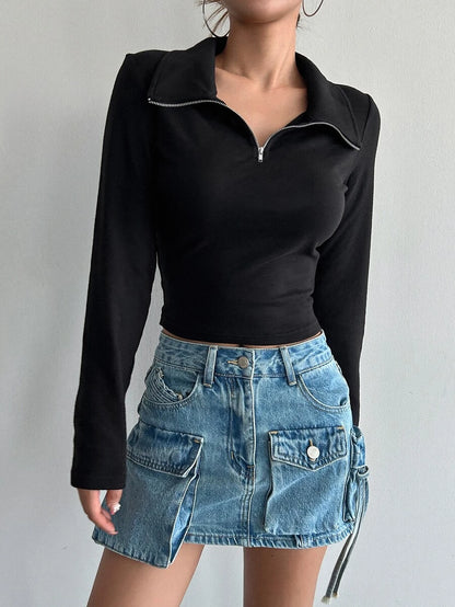 Iris Solid Half Zip Crop Long Sleeve Tee - Black
