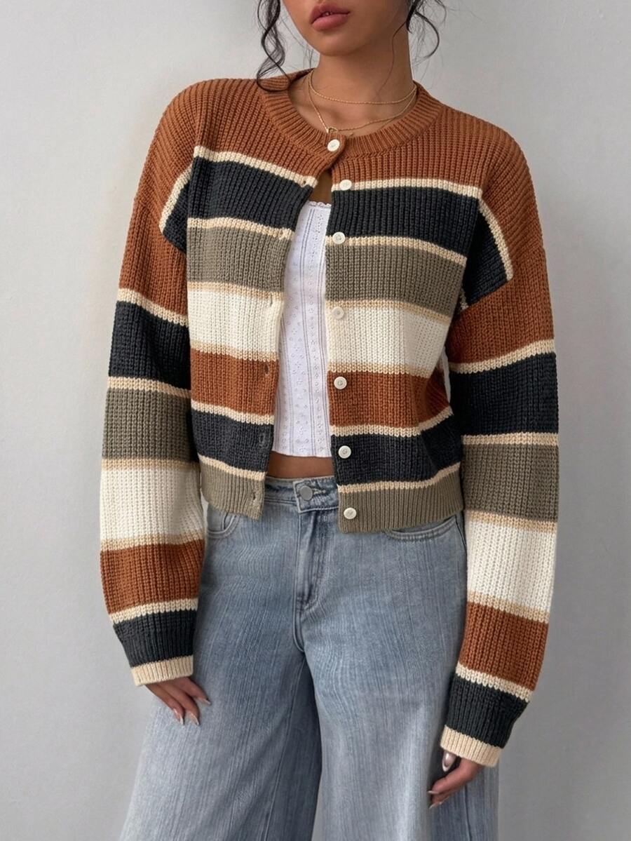 Elowen Round Neck Cropped Cardigan - Brown