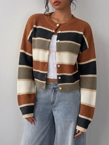 Elowen Round Neck Cropped Cardigan - Brown