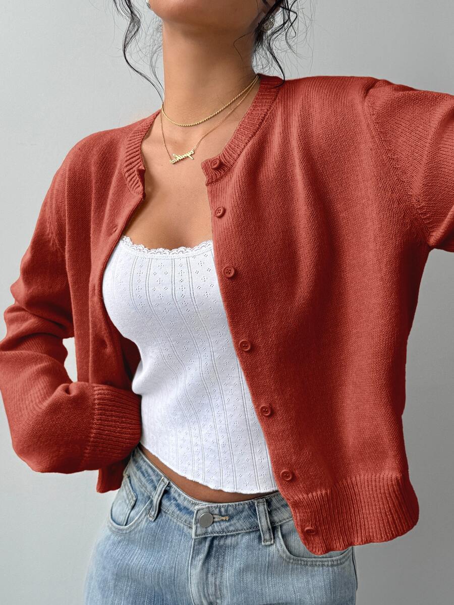 Elowen Round Neck Cropped Cardigan - Burgundy