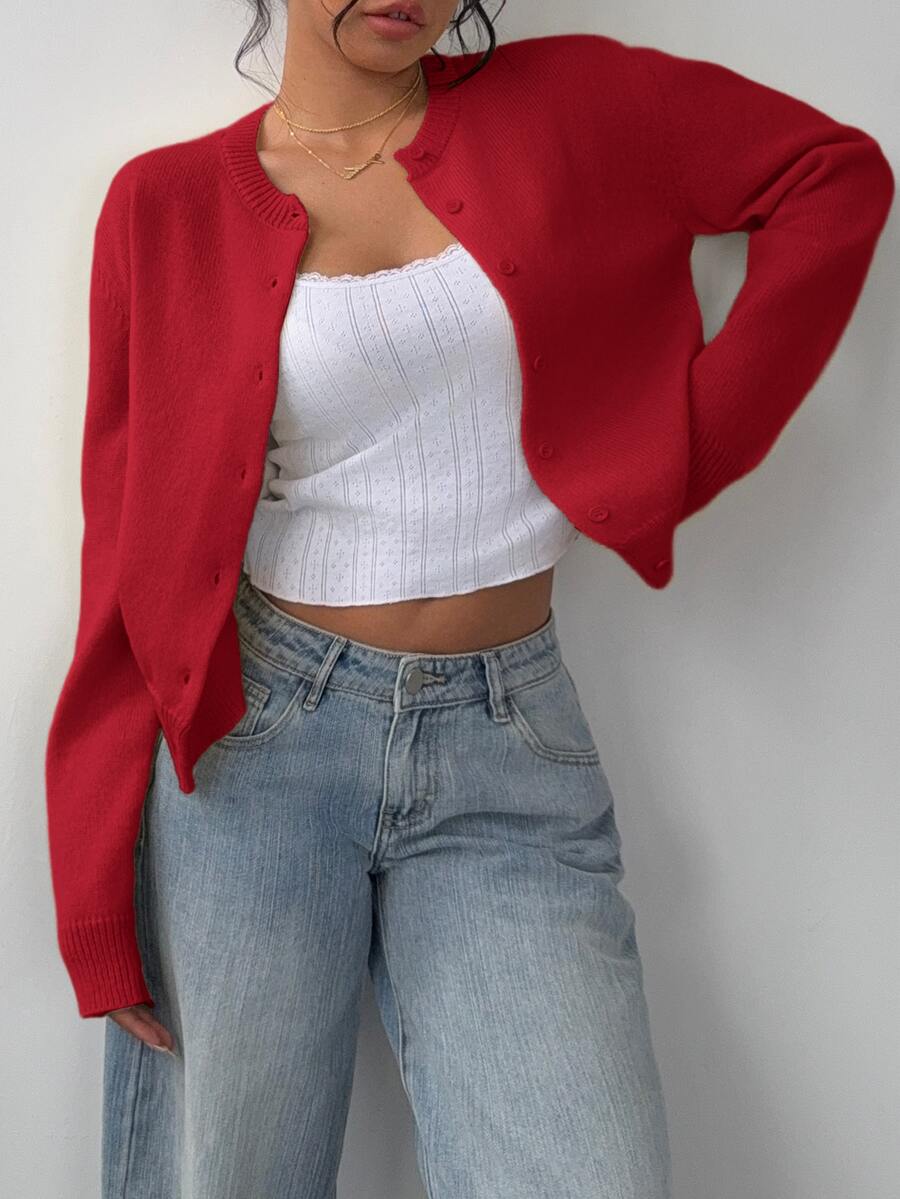 Elowen Round Neck Cropped Cardigan - Burgundy