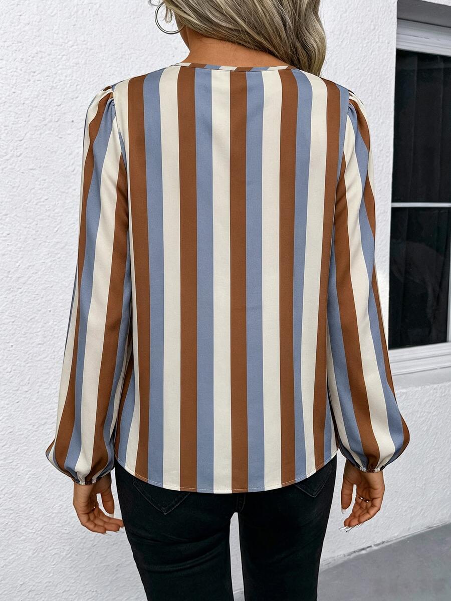 Nell Long Sleeve Blouse with Split V Neck and Lantern Sleeves - Blue Brown Stripe