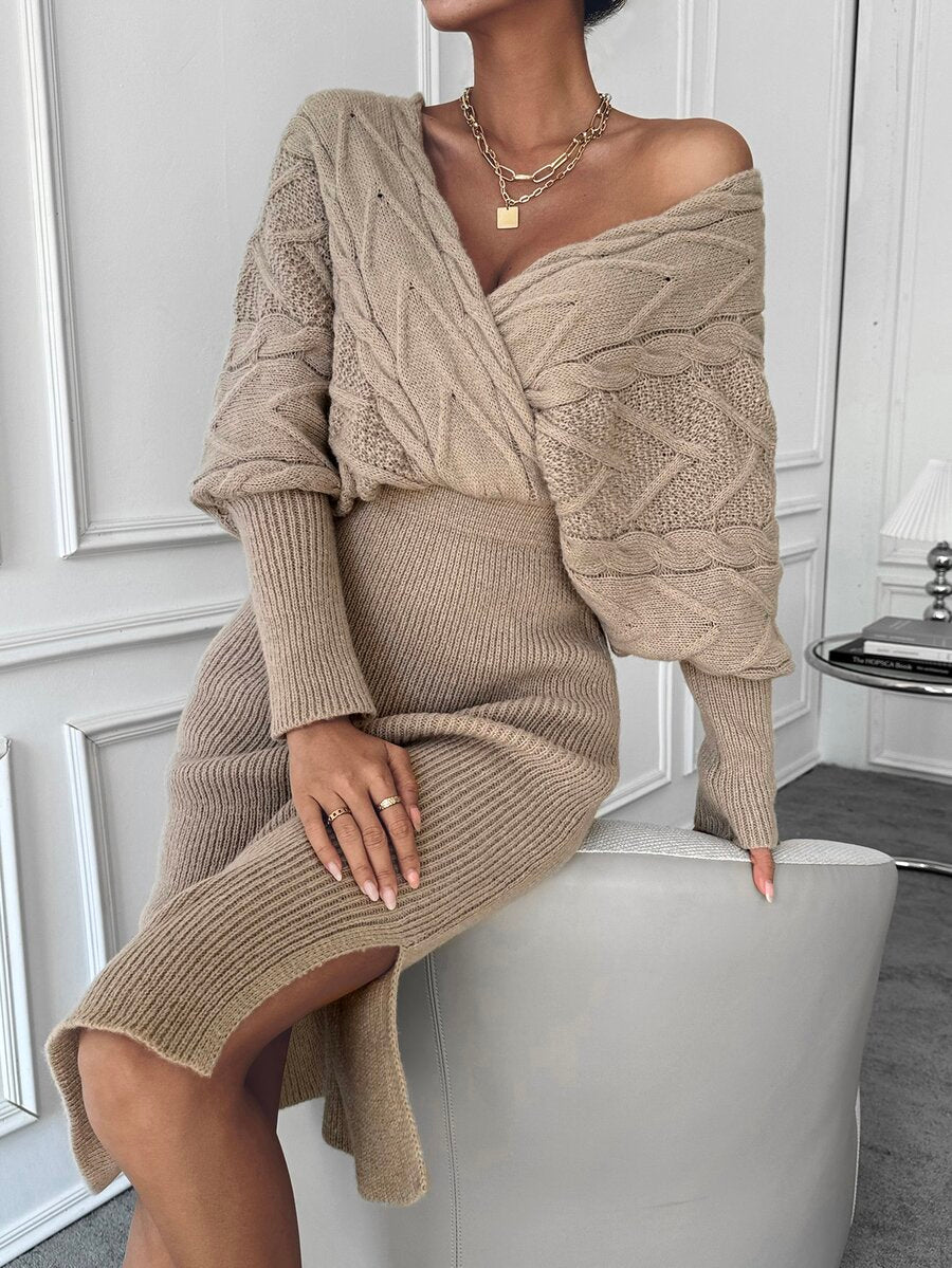 Women's Cable Knit Wrap Sweater Dress, Batwing Sleeve Knit Dress for Fall Winter - Navy Blue