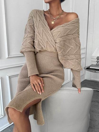 Women's Cable Knit Wrap Sweater Dress, Batwing Sleeve Knit Dress for Fall Winter - Navy Blue