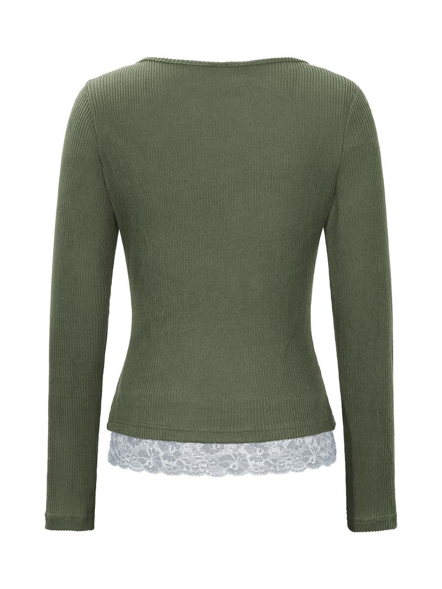 Asheville Lace Trim Layered Look Ribbed Long Sleeve Top