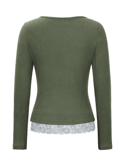 Asheville Lace Trim Layered Look Ribbed Long Sleeve Top