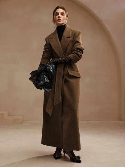 Heidelberg Belted Double Breasted Long Wrap Coat with Pockets - Brown