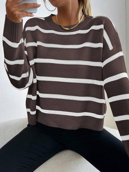 Audrey Striped Drop Shoulder Pullover Sweater - White