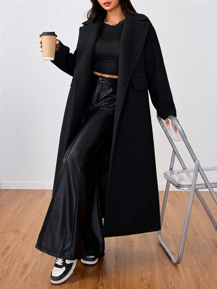 Jolie Oversized Double Breasted Long Coat with Lapel Collar - Black
