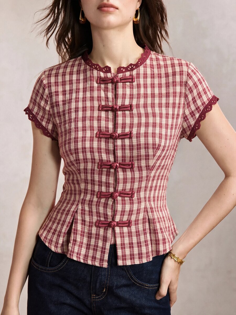 Mirabel Lace Trim Frog Button Short Sleeve Cotton Blouse - Red Gingham