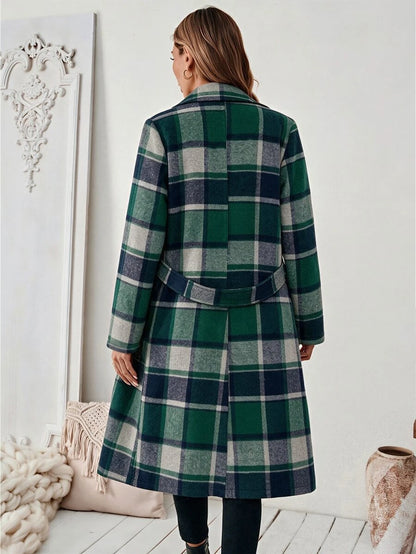 Josephine Belted Notched Collar Double-Breasted Long Coat - Green Plaid