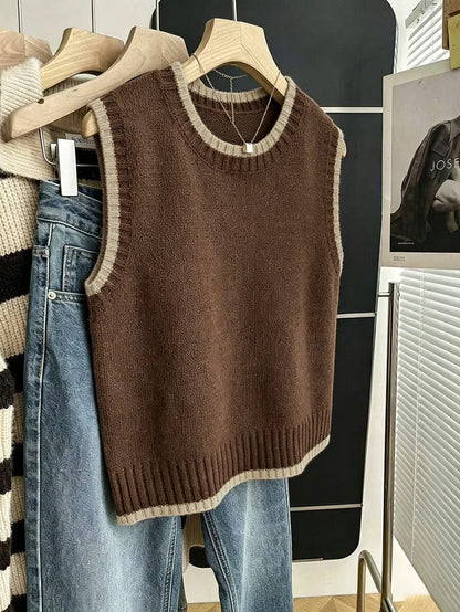 Beatrice Contrast Trim Sleeveless Knit Sweater Vest - Chocolate with Cream Trim
