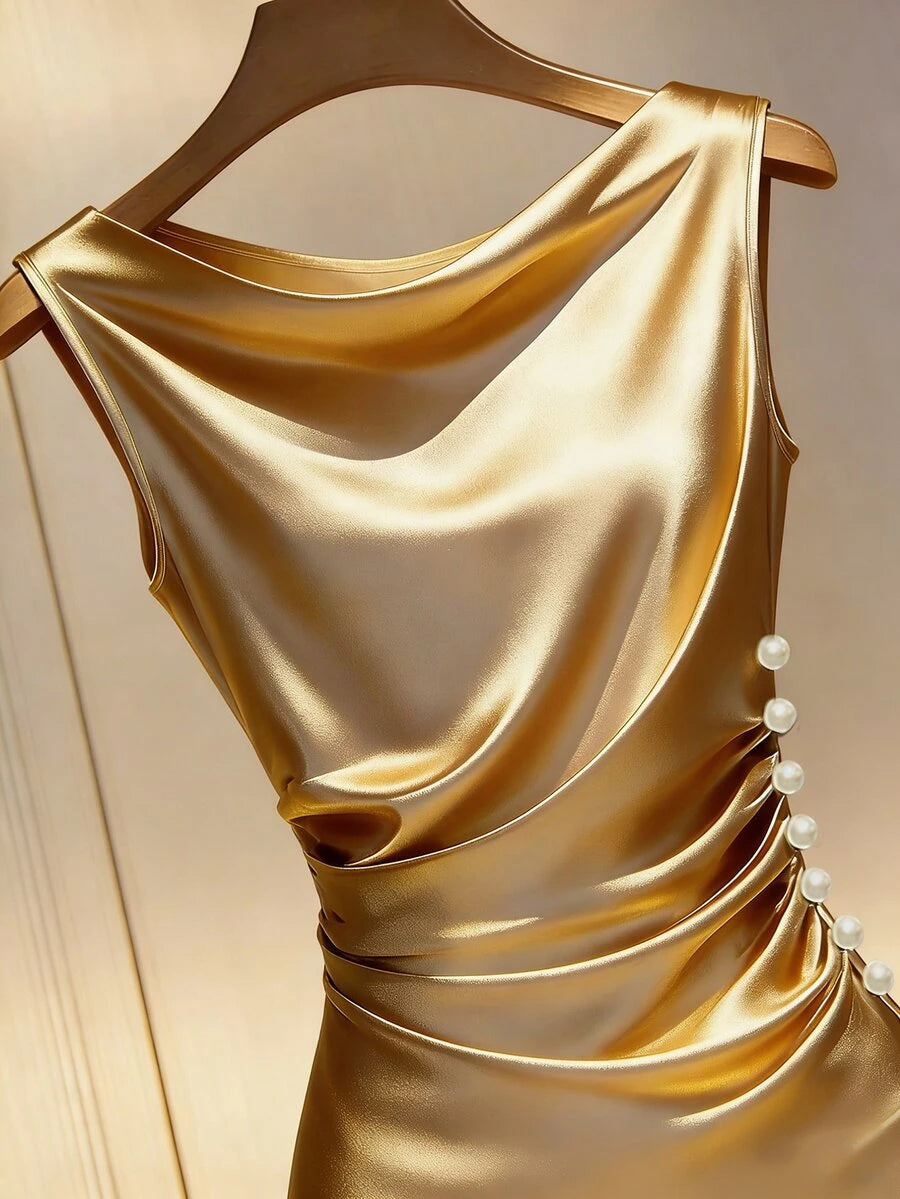 Women's Satin Cowl Neck Midi Dress, Ruched Silky Dress for Wedding Guest and Evening - Champagne