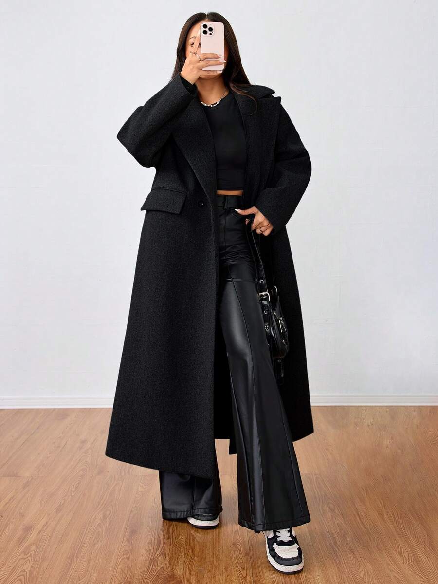 Jolie Oversized Double Breasted Long Coat with Lapel Collar - Black