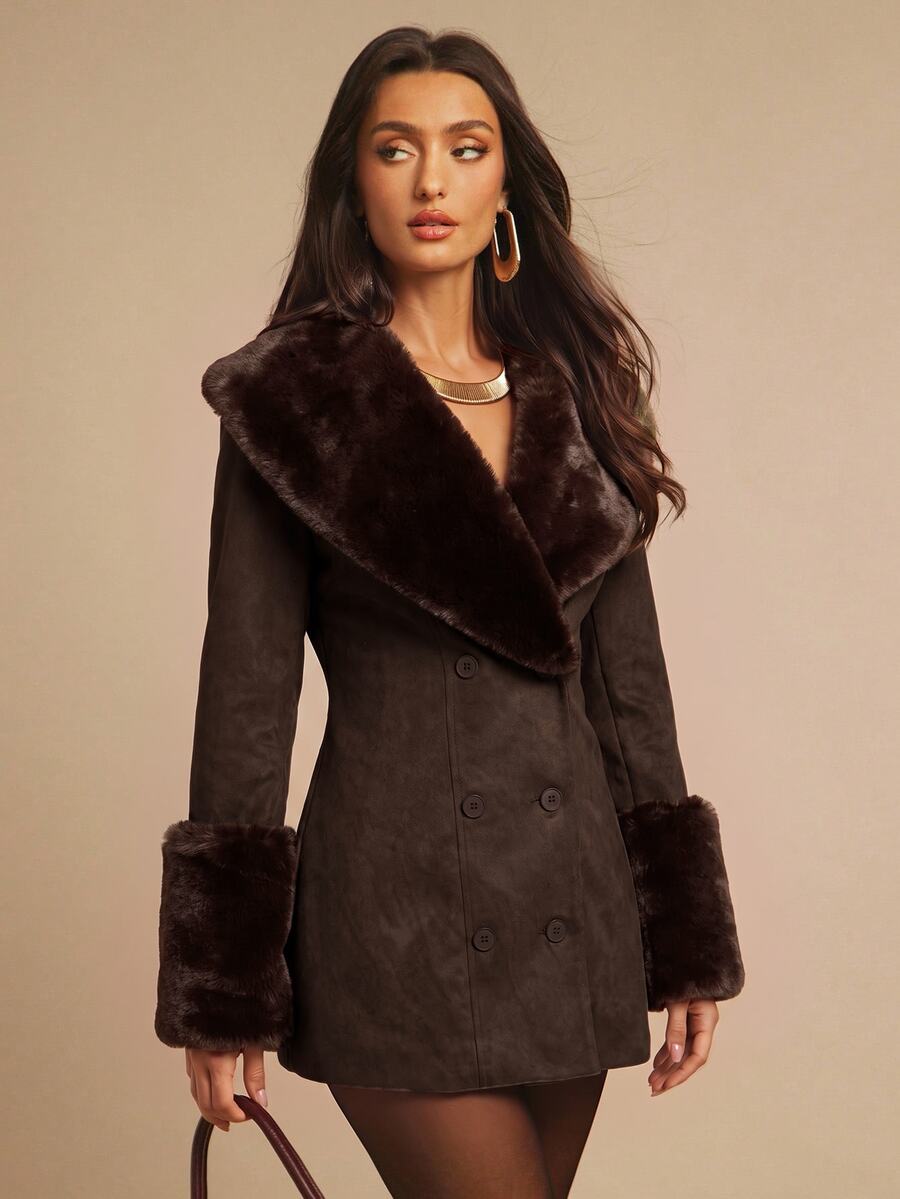Saint Moritz Faux Fur Collar Double Breasted Faux Leather Jacket