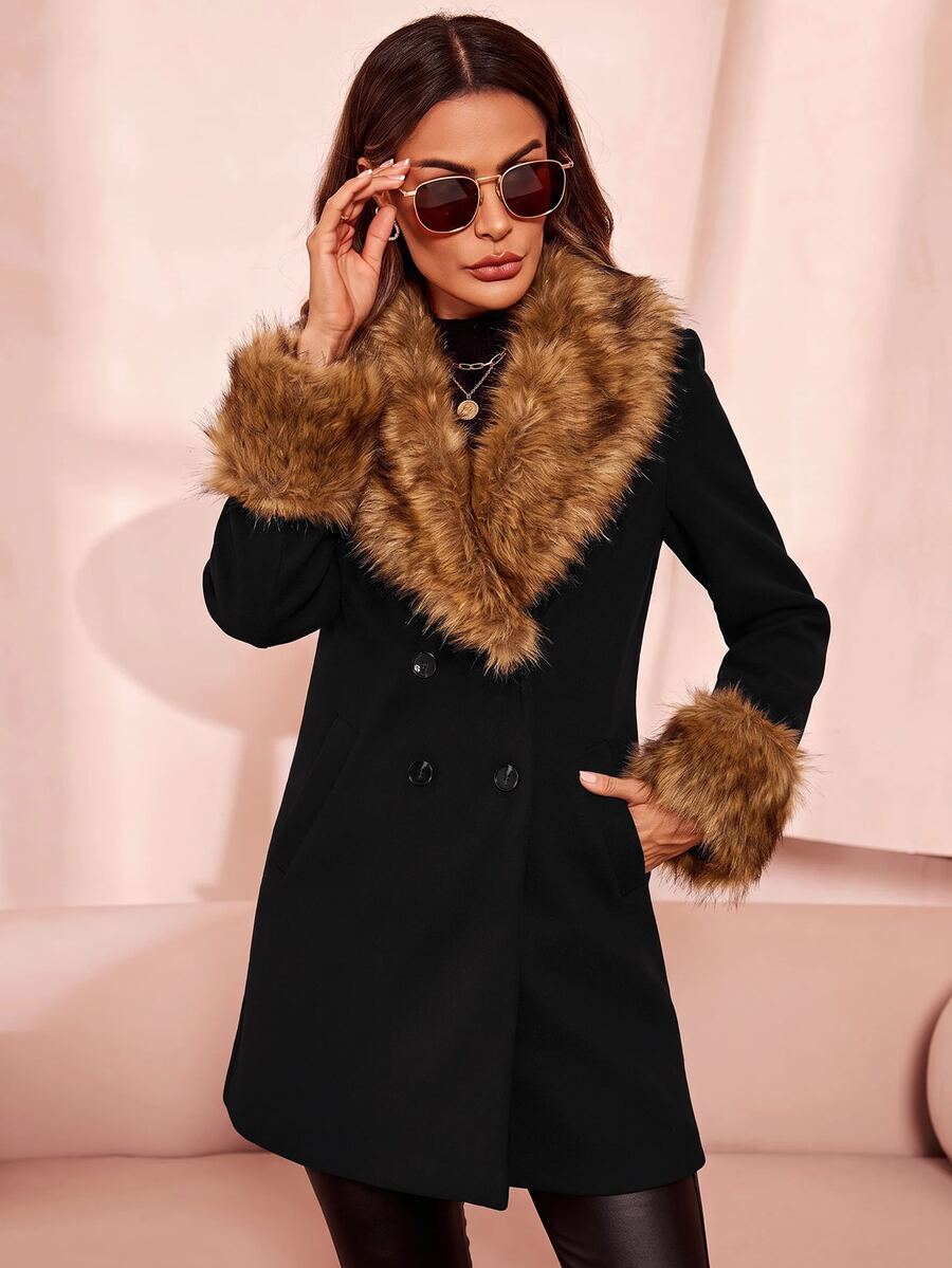 Aveline Double-Breasted Lapel Coat with Tailored Thigh-Length Cut - Navy Blue