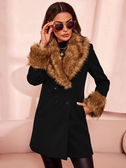 Aveline Double-Breasted Lapel Coat with Tailored Thigh-Length Cut - Navy Blue
