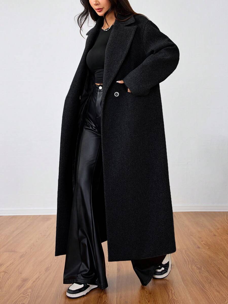 Jolie Oversized Double Breasted Long Coat with Lapel Collar - Black
