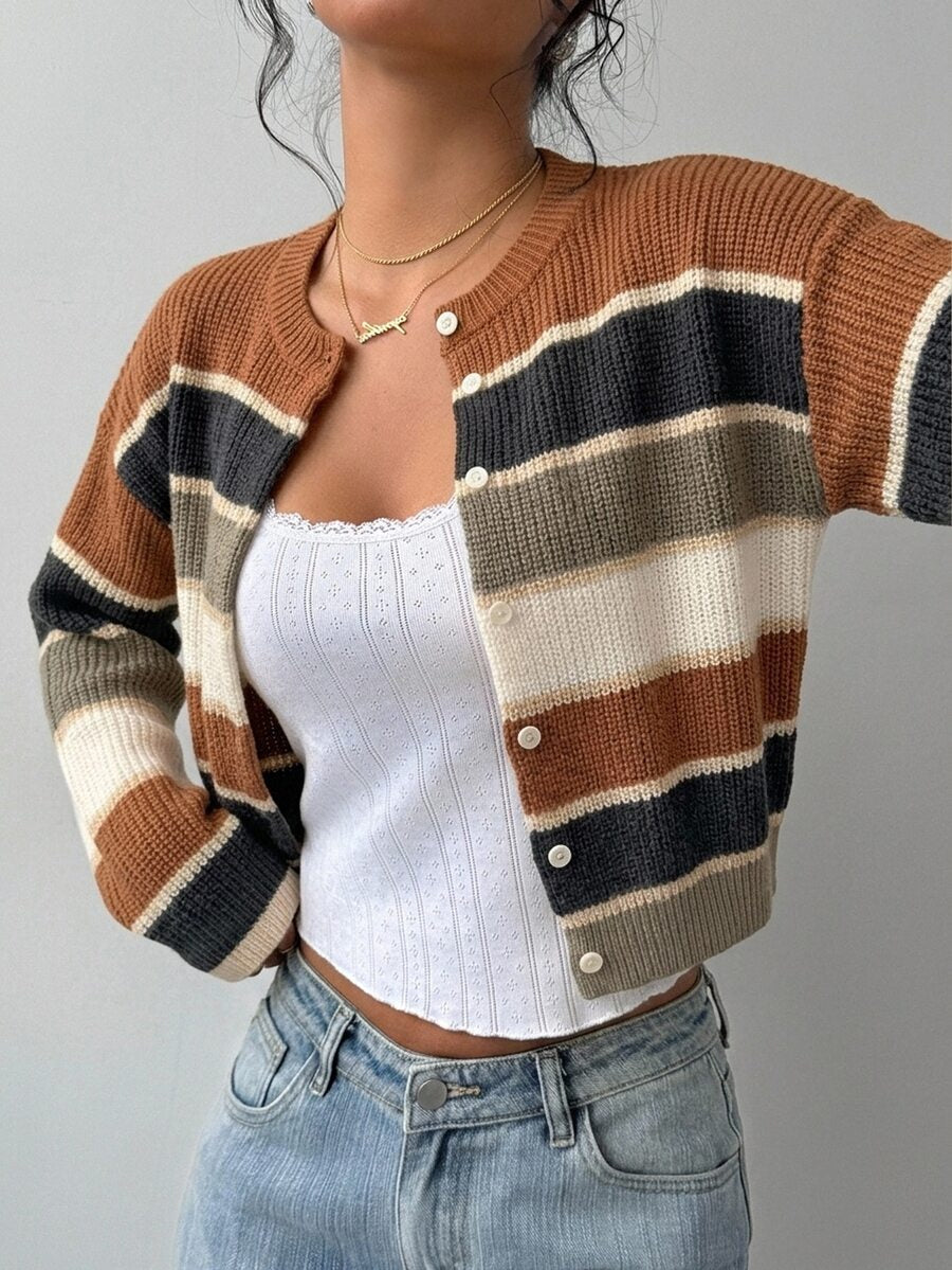 Elowen Round Neck Cropped Cardigan - Brown