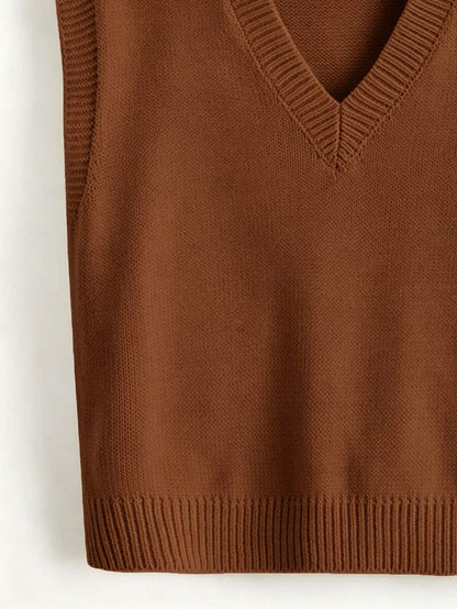 Marisa Fine Knit V-Neck Sleeveless Sweater Vest - Brown