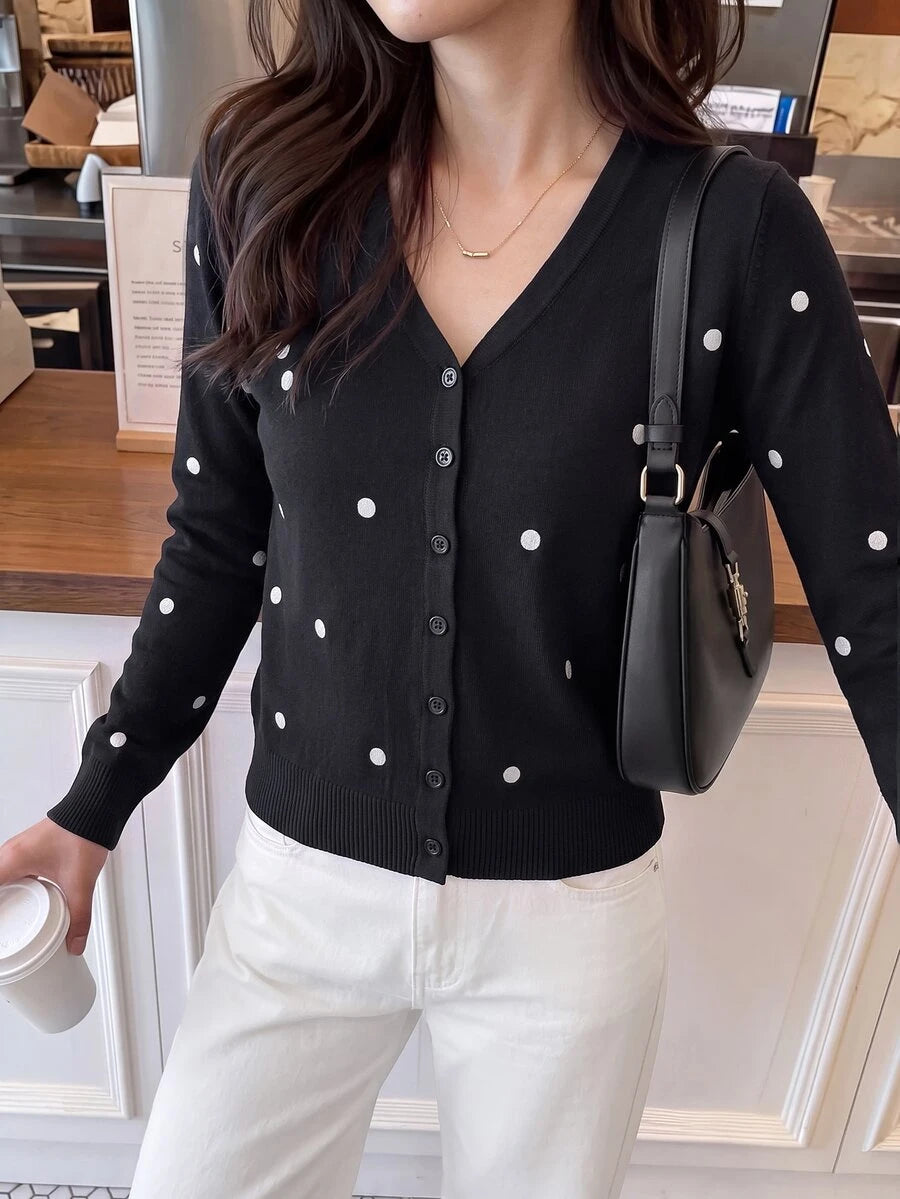 Georgiana Slim Ribbed V-Neck Button Front Knit Cardigan - Black Pearl Embellished
