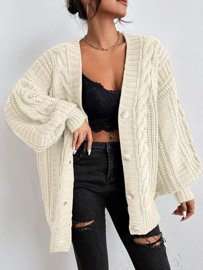 Adelaide Cable Knit Bishop Sleeve Cardigan - Brown