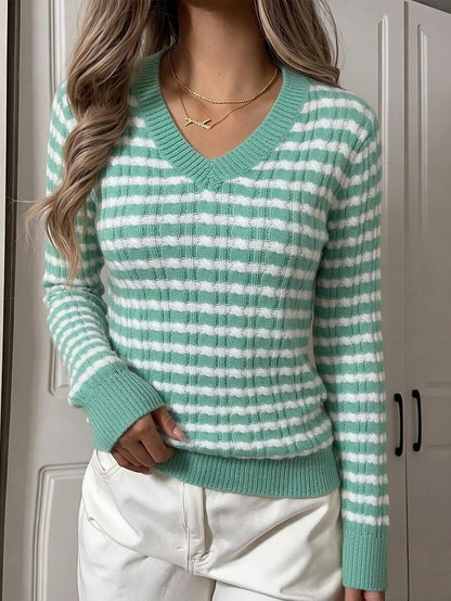 Saskia Slim V Neck Twist Cable Knit Sweater with Contrast Trim - Mint Stripe