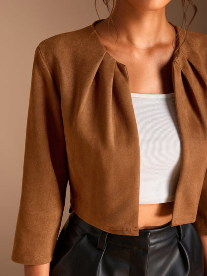 Philomena Pleated Neckline Open Front Cropped Knit Blazer - Camel