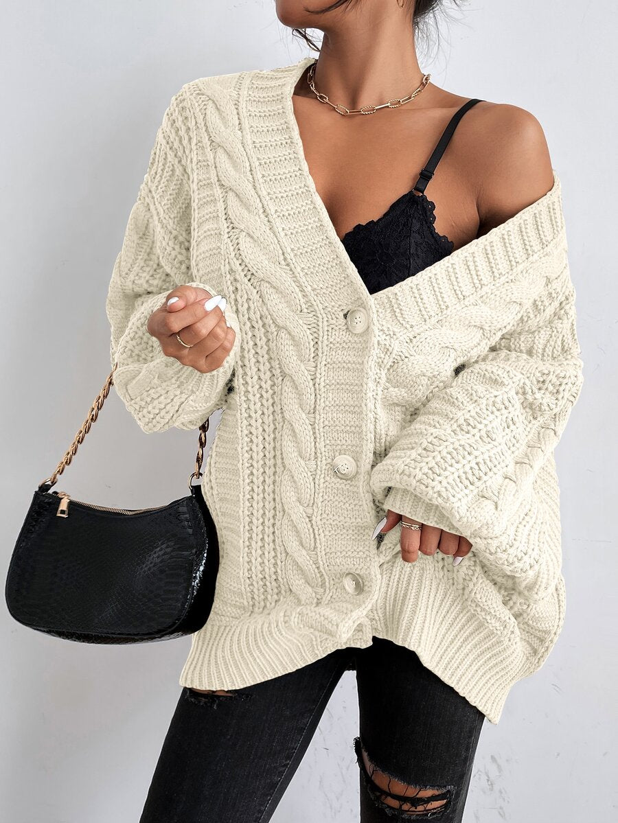 Adelaide Cable Knit Bishop Sleeve Cardigan - Dark Grey