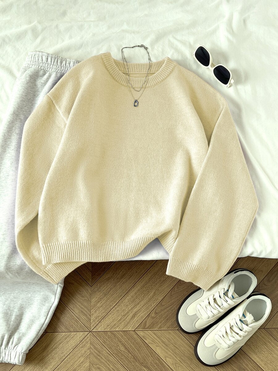 Women's Oversized Crew Neck Pullover Sweater, Relaxed Knit Sweater for Fall Winter - Apricot