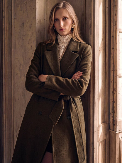 Valeska Belted Double-Breasted Lapel Long Coat with Pockets - Yellow