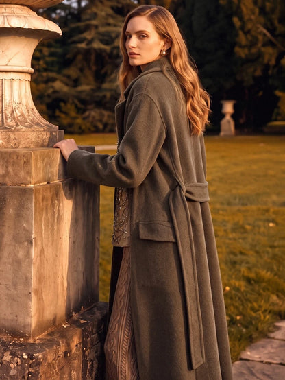 Valeska Belted Double-Breasted Lapel Long Coat with Pockets - Burgundy