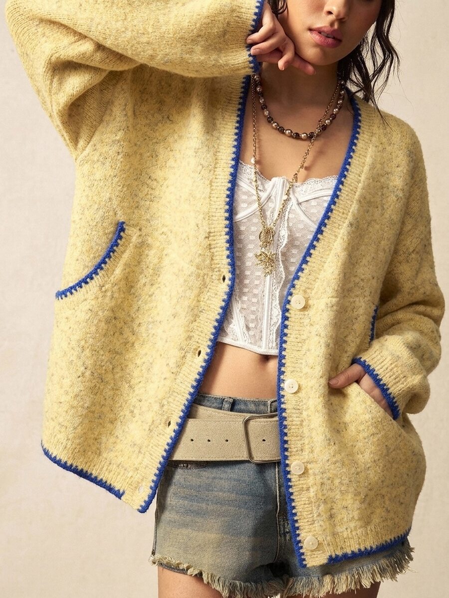 Megeve Oversized Fuzzy Knit Button Front Cardigan - Light Yellow