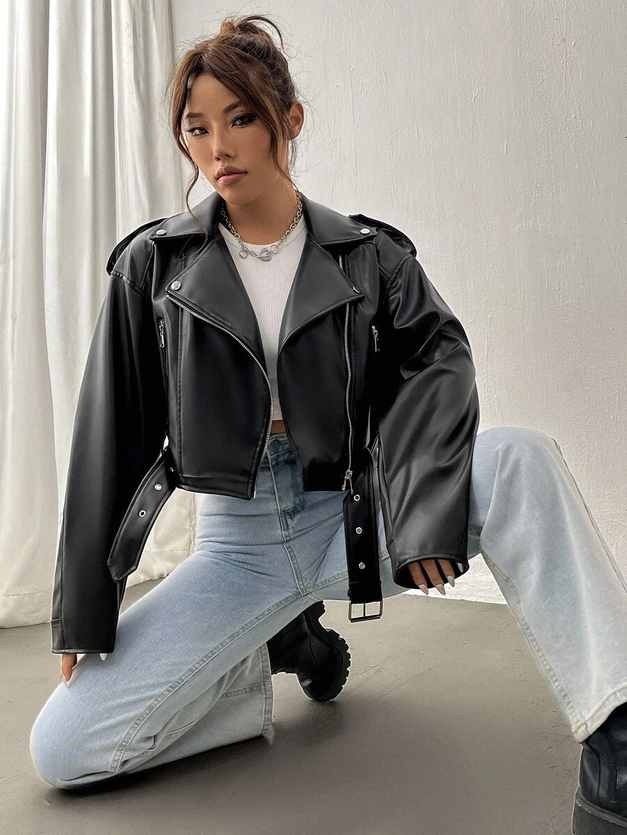 Kamloops Faux Leather Cropped Moto Jacket with Belted Hem