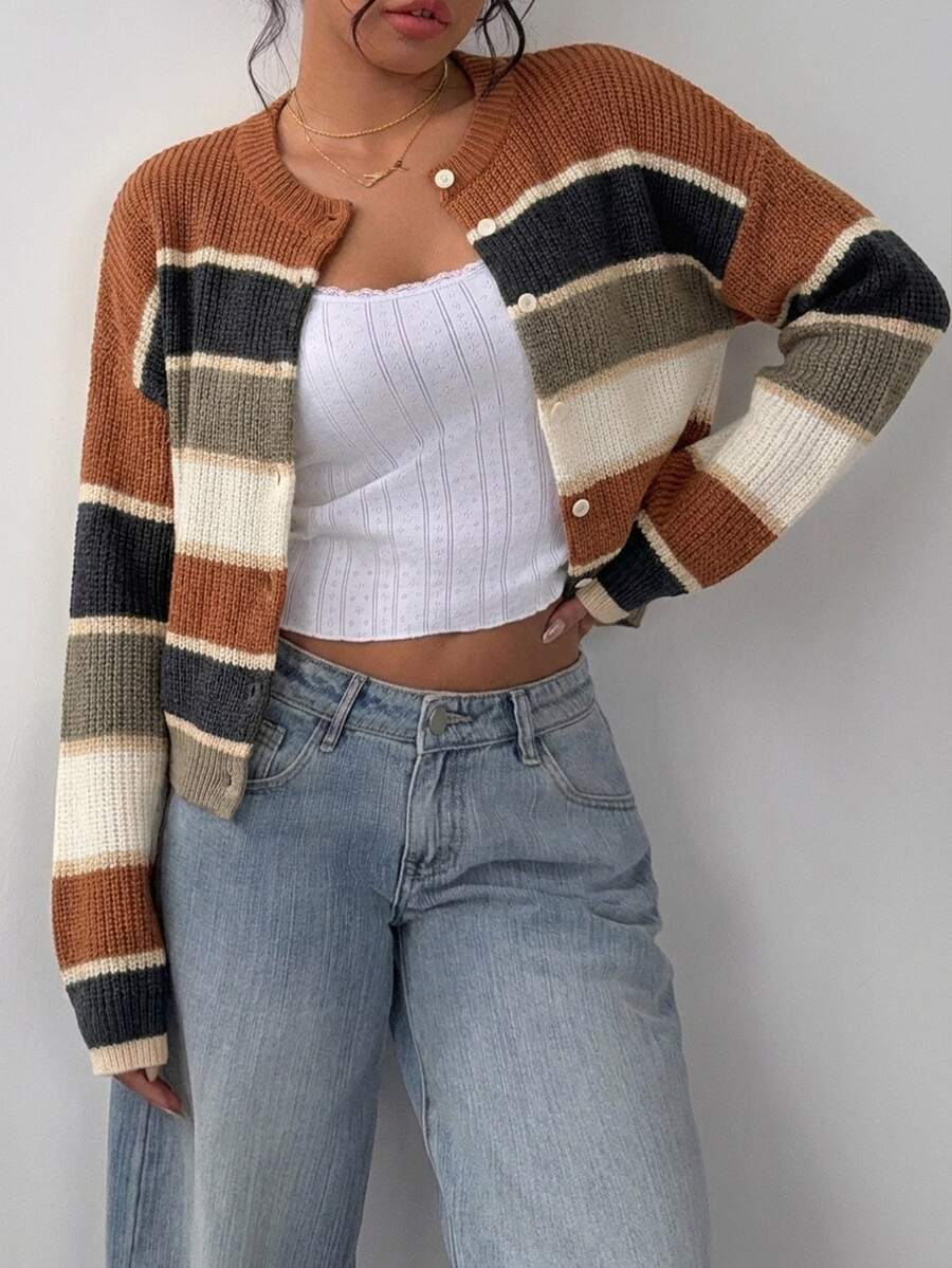 Elowen Round Neck Cropped Cardigan - Brown