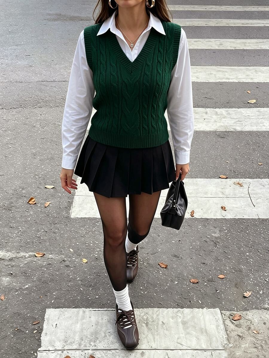 Winifred Classic Cable Knit V-Neck Sleeveless Sweater Vest - Forest Green