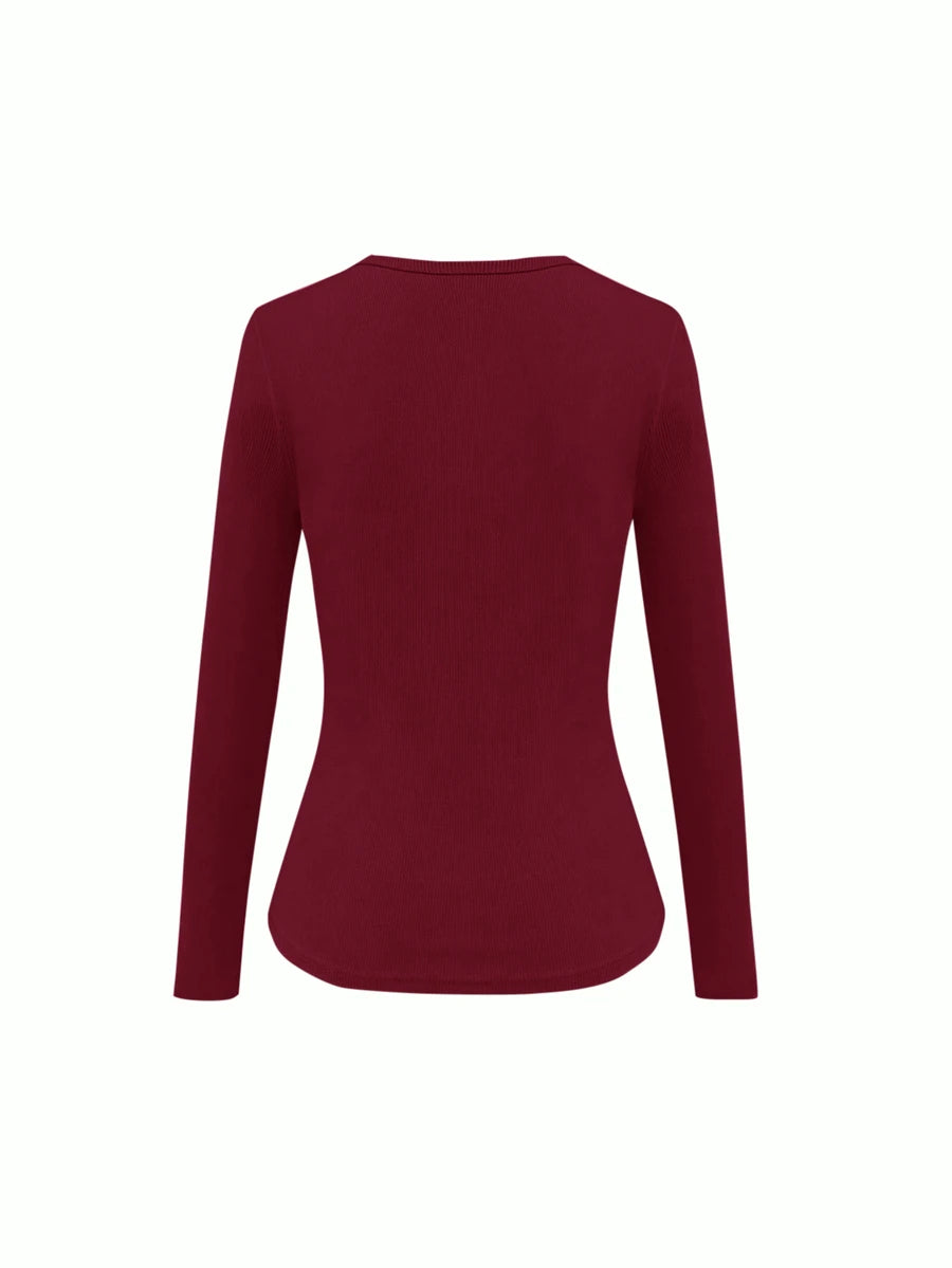 Siena Deep V Neck Ribbed Knit Long Sleeve Fitted Top