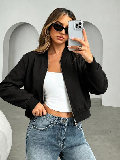 Steamboat Zip Up Bomber Jacket with Ribbed Trim - Black