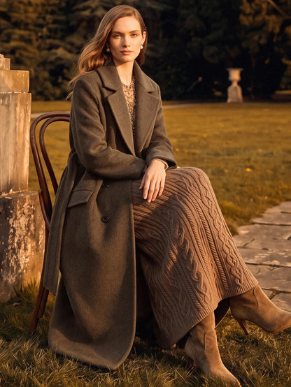Valeska Belted Double-Breasted Lapel Long Coat with Pockets - Dark Grey