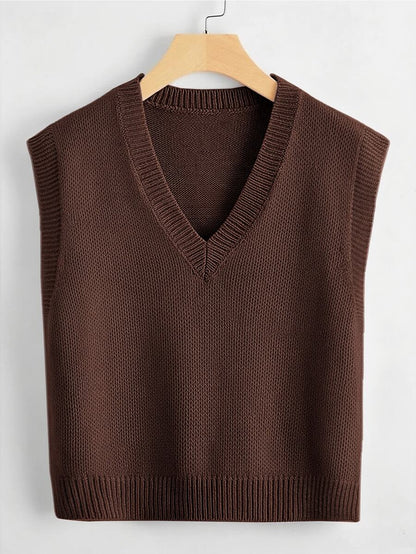 Marisa Fine Knit V-Neck Sleeveless Sweater Vest - Khaki