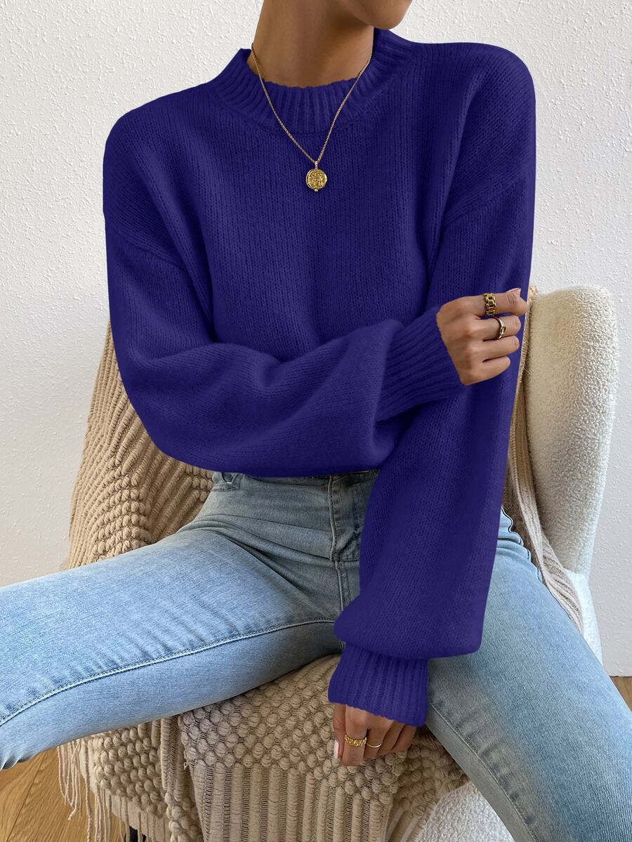 Viola Relaxed Mock Neck Sweater with Drop Shoulders - Indigo