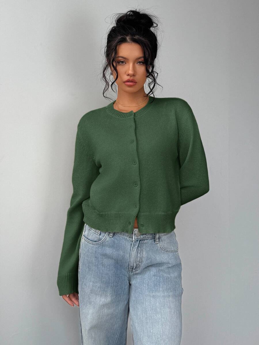 Elowen Round Neck Cropped Cardigan - Green