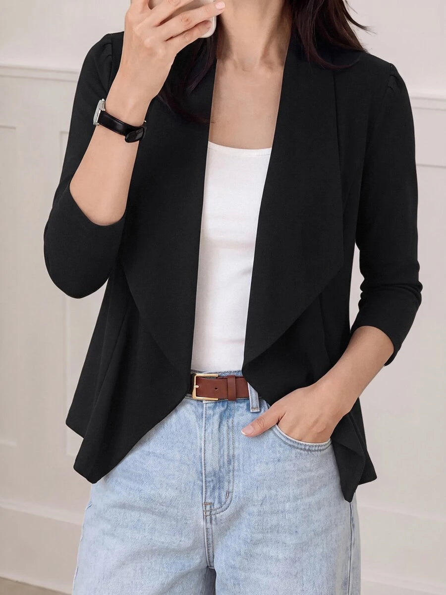 Octavia Waterfall Collar Open Front Asymmetric Hem Knit Blazer - Black