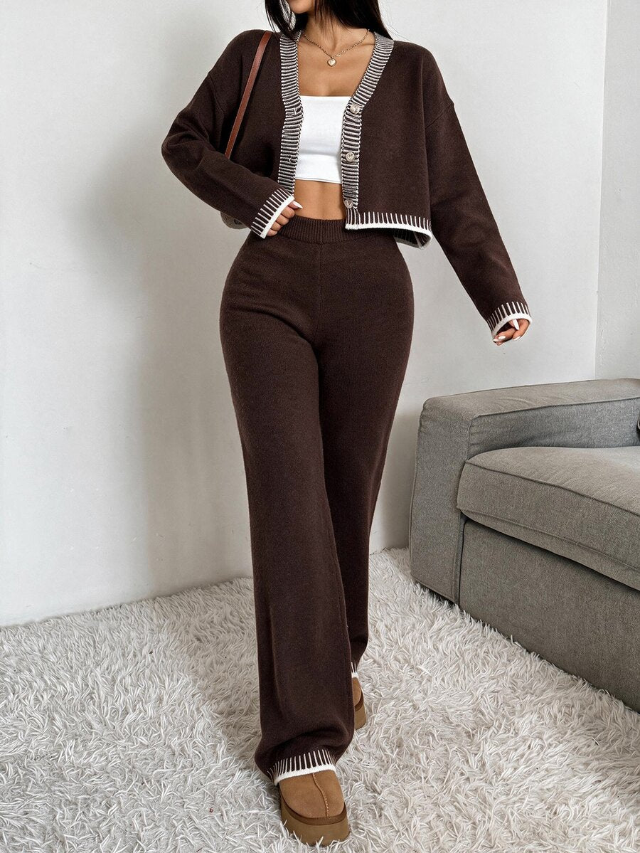 Domenica Contrast Trim Cropped Cardigan and Knit Pants Set - Army Green