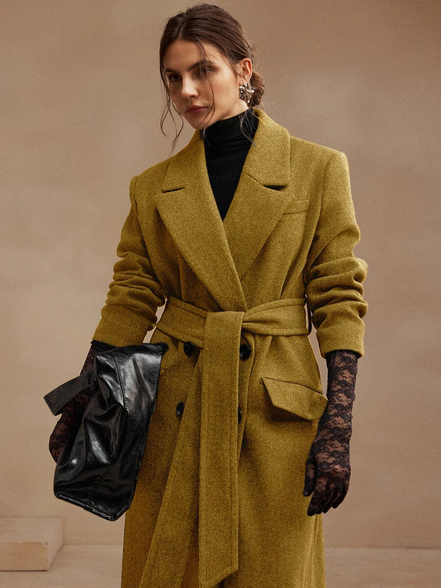 Valeska Belted Double-Breasted Lapel Long Coat with Pockets - Olive Green