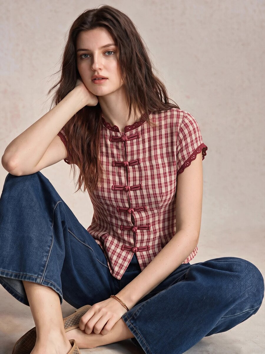 Mirabel Lace Trim Frog Button Short Sleeve Cotton Blouse - Red Gingham