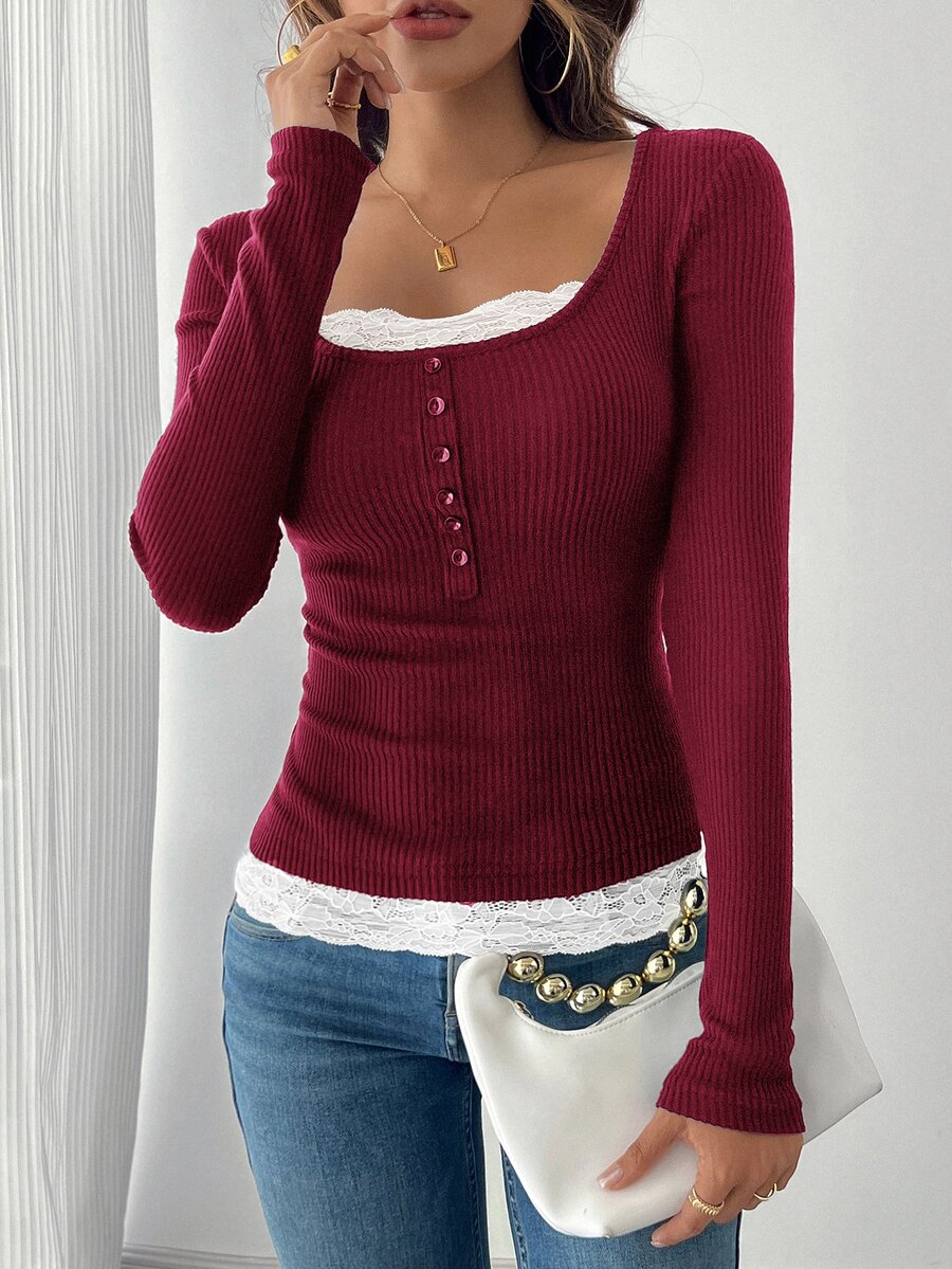 Asheville Lace Trim Layered Look Ribbed Long Sleeve Top