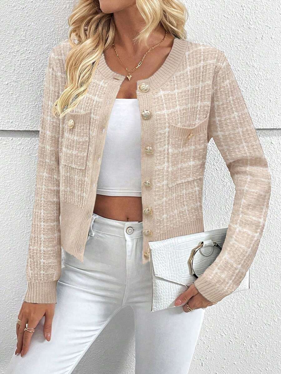 Cheltenham Plaid Tweed Look Cropped Knit Cardigan with Buttons