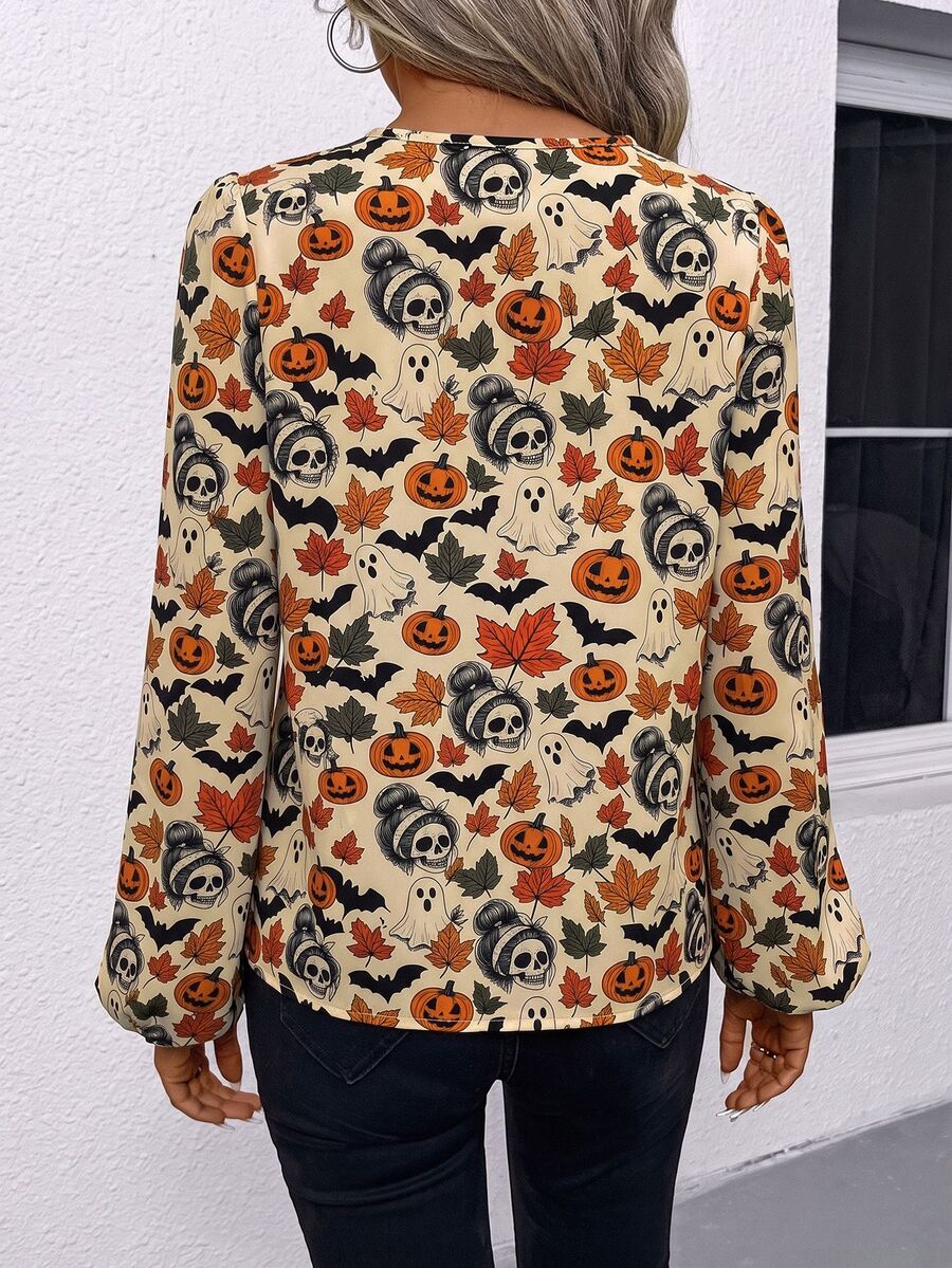 Nell Long Sleeve Blouse with Split V Neck and Lantern Sleeves - Orange Harvest Print