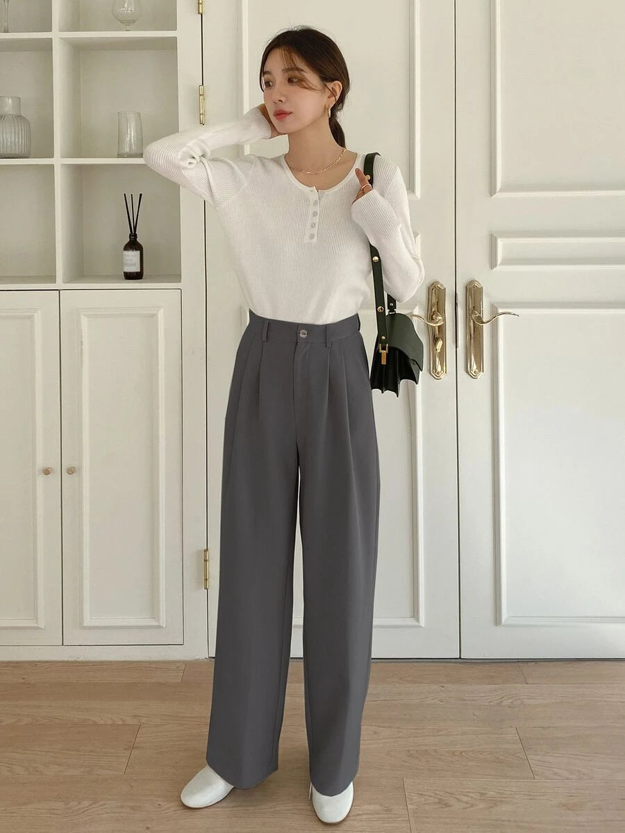 Delft High Waist Pleated Straight Leg Trousers